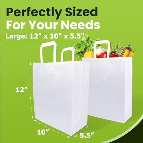 Aakriti Kraft Paper Gift Bags with Flat Handles - White 100 Pack, Large (12" x 10" x 5.5") for Shopping, Home, Office, Retail & Merchandise - Image 2