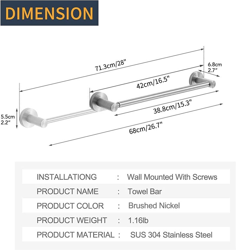 BESy Adjustable 15 to 26 Inch Single Bath Towel Bar for Bathroom SUS304 Stainless Steel Towel Holder, Wall Mount with Screws Hand Towel Bar Rod Hotel Style, Brushed Nickel - Image 4