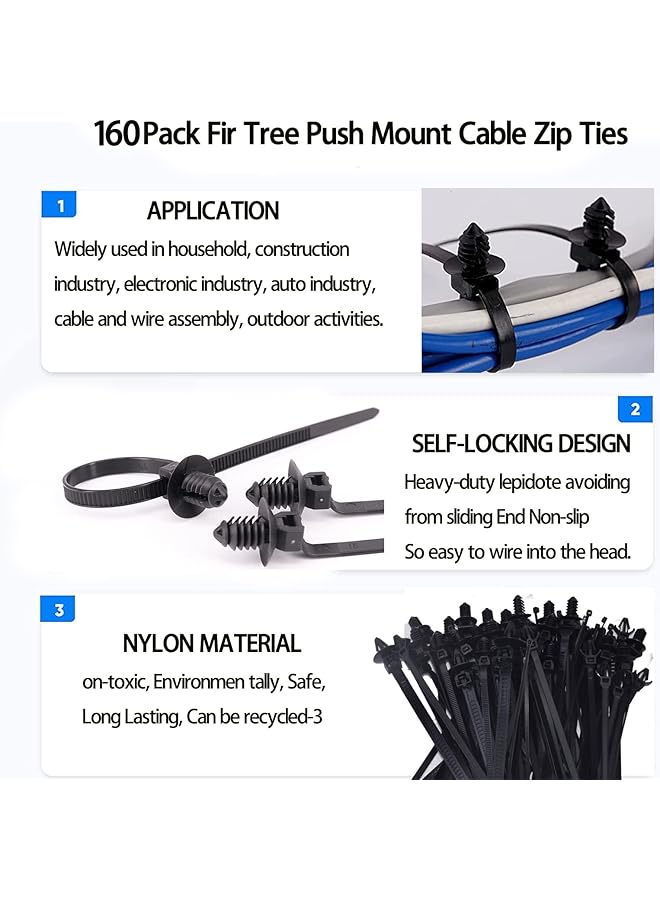 erorex 160Pcs Universal Nylon Push Mount Cable Zip Tie Nylon Self Locking Cable Strap Heavy Duty Nylon Push Mount Self Locking Uv Resistant 5 Most Popular Sizes For Indoor Wire Tying Construction Auto Ect - Image 4