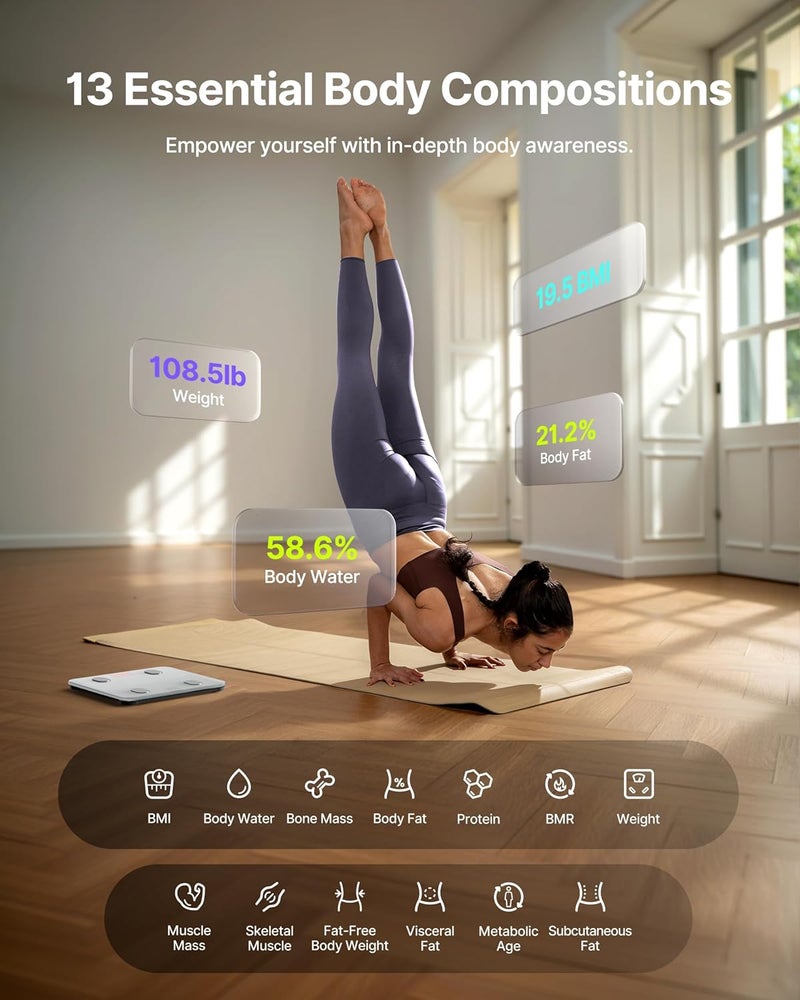فيتينديكس **FITINDEX Smart Scale لقياس الوزن، ميزان رقمي للحمام لقياس نسبة الدهون في الجسم ومؤشر كتلة الجسم (BMI) والعضلات** نسخة أخرى من المنتج، مع تصميم أسود أنيق. - Image 3