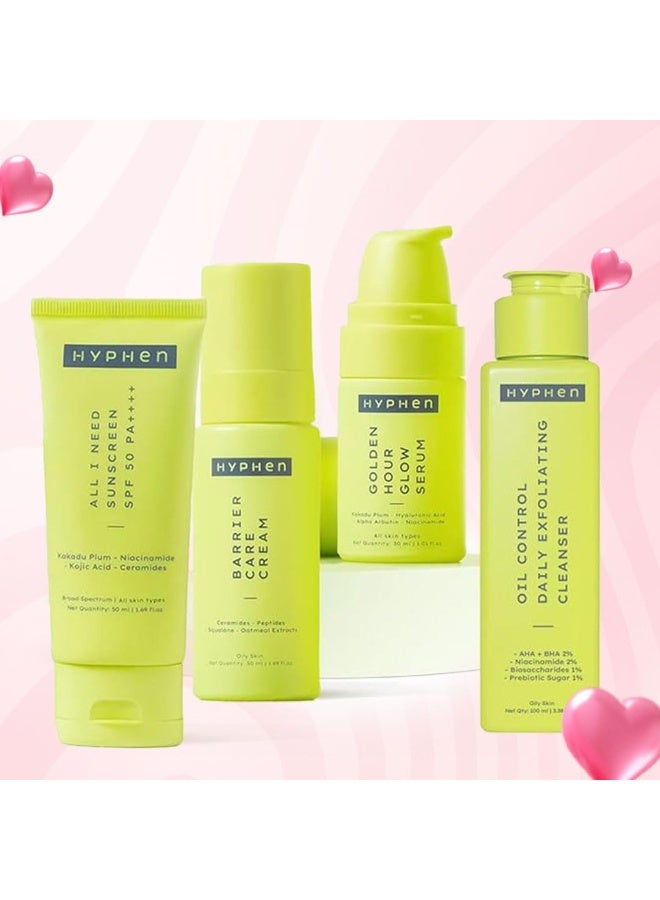 Hyphen CSMS Combo Oil to Dry Skin for Men and Women | Perfect for Oily and Combination Skin Types | Daily Routine Combo | Hyphen Oil Control Daily Exfoliating Cleanser (100 ml)+ Hyphen Golden Hour Glow Serum (30 ml)+Hyphen Barrier Care Cream – Oily/Combination Skin (50 ml)+Hyphen All I Need Sunscreen SPF 50 PA++++ (50 ml)  Value Pack - Image 2