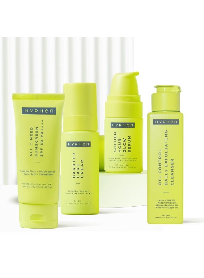 Hyphen CSMS Combo Oil to Dry Skin for Men and Women | Perfect for Oily and Combination Skin Types | Daily Routine Combo | Hyphen Oil Control Daily Exfoliating Cleanser (100 ml)+ Hyphen Golden Hour Glow Serum (30 ml)+Hyphen Barrier Care Cream – Oily/Combination Skin (50 ml)+Hyphen All I Need Sunscreen SPF 50 PA++++ (50 ml)  Value Pack - Image 1