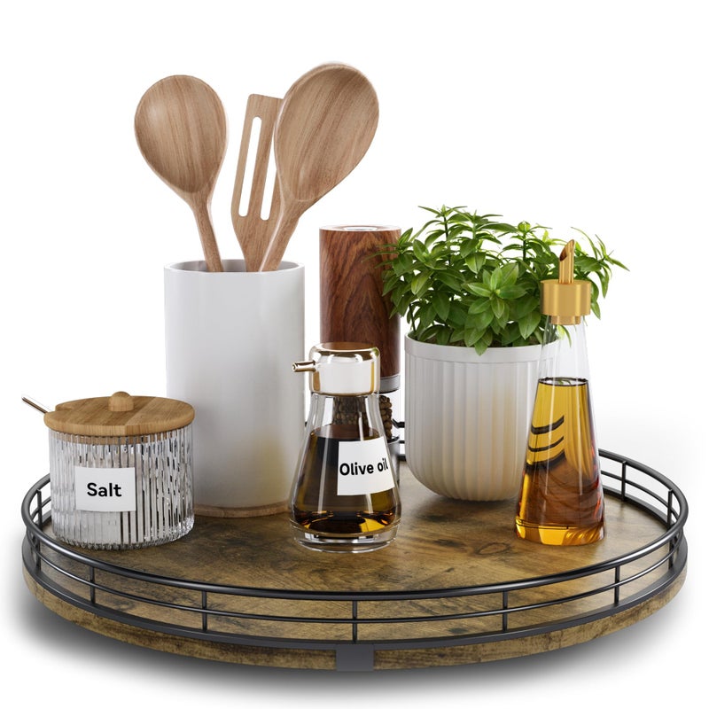 HGF Lazy Susan Turntable Organizer for Table Top, 13â€™â€™ Round Wooden Lazy Susan for Cabinet Kitchen Countertop Pantry Dining Coffee Table for Condiments Spices, Rustic Bathroom Vanity Tray for Soap Candle - Image 1
