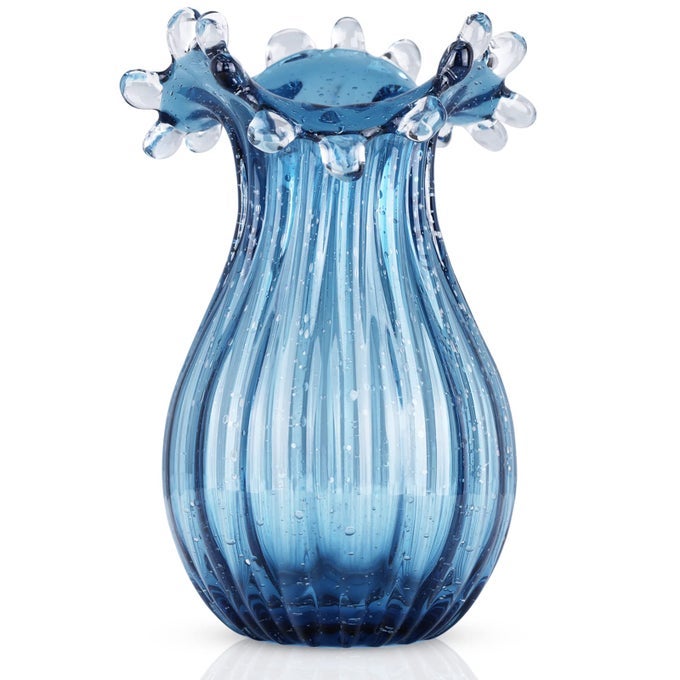 BLOWN GLASS VASE BLUE TRANSPARENT UNIQUE MODERN ART WIDE MOUTH FOR LIVING ROOM WEDDING DINING TABLE OFFICE CENTER TABLE DISPLAY FLOWER