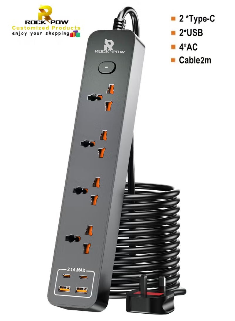 Rock Pow 2 meters Universal Extension Lead with Multiple Function UK Plug 3 Pin Socket Outlet with 4 Gang 2 USB Port 2 Type-C Port 2M Electric Socket Mains Strip for Home Kitchen and Office 2 meters - Image 1