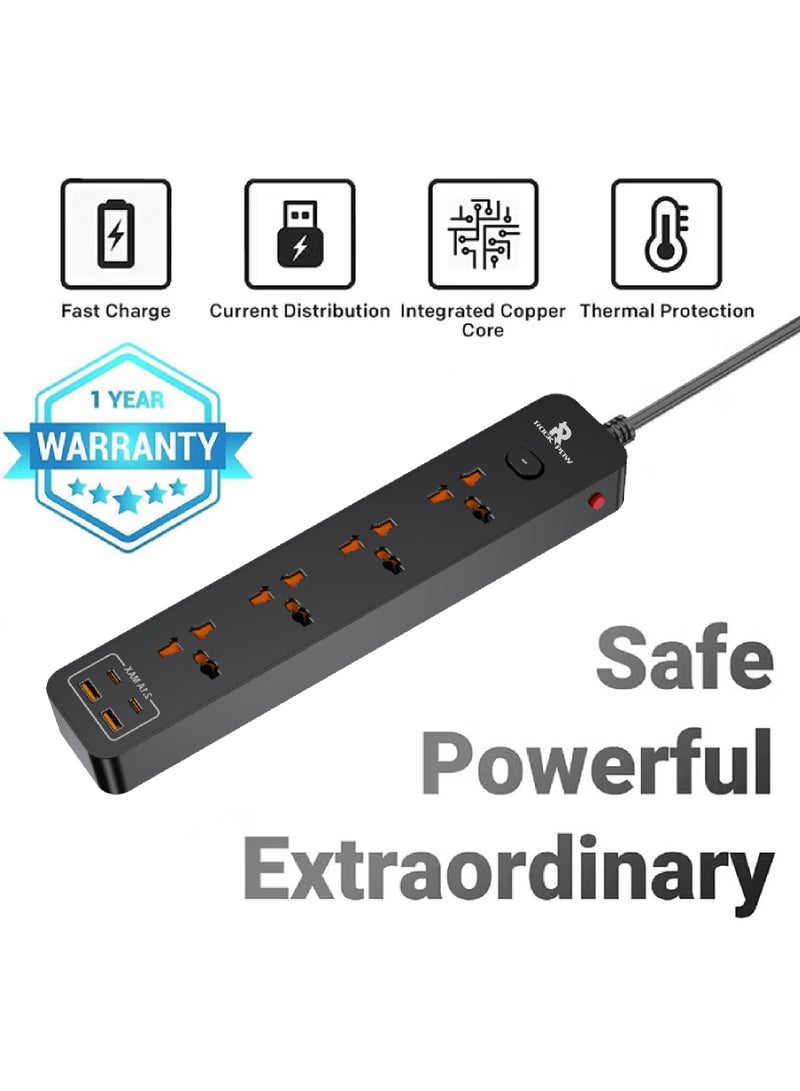 Rock Pow 2 meters Universal Extension Lead with Multiple Function UK Plug 3 Pin Socket Outlet with 4 Gang 2 USB Port 2 Type-C Port 2M Electric Socket Mains Strip for Home Kitchen and Office 2 meters - Image 2