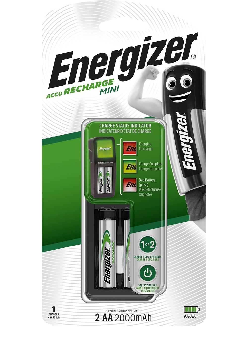 إينيرجايزر Energizer Mini Charger With 2 Aa Rechargeable Batteries 2000mAh