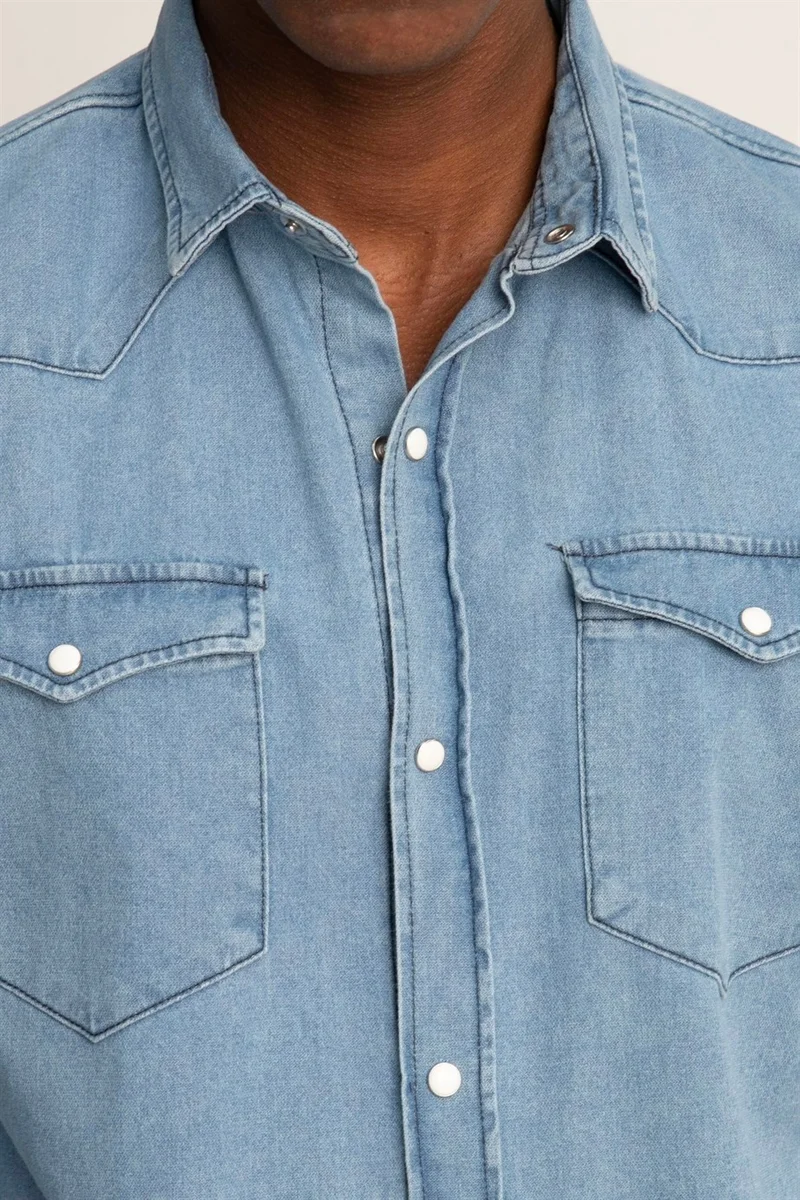 تودورس Slim Fit Double Pocket Flap Piece Stitched Denim Men's Blue Shirt