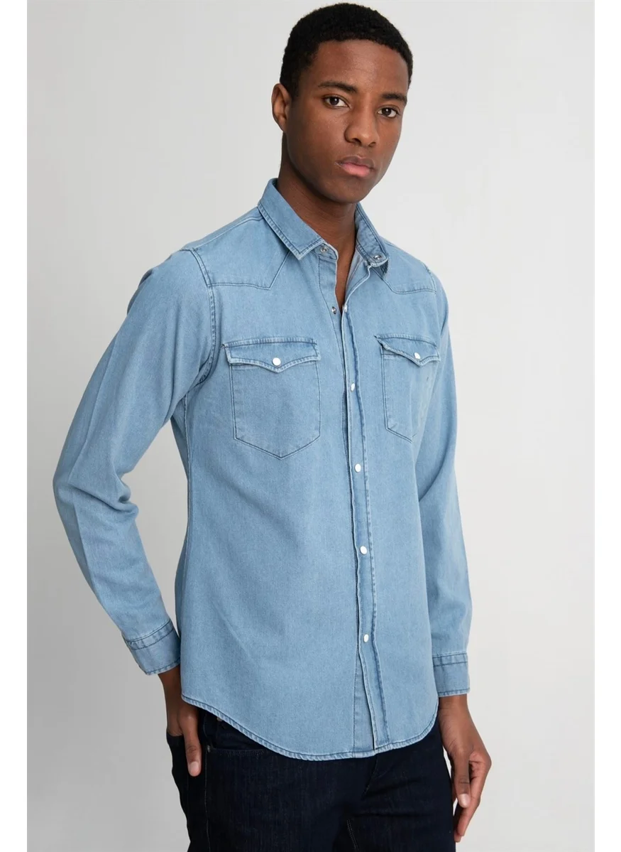 Tudors Slim Fit Double Pocket Flap Piece Stitched Denim Men's Blue Shirt