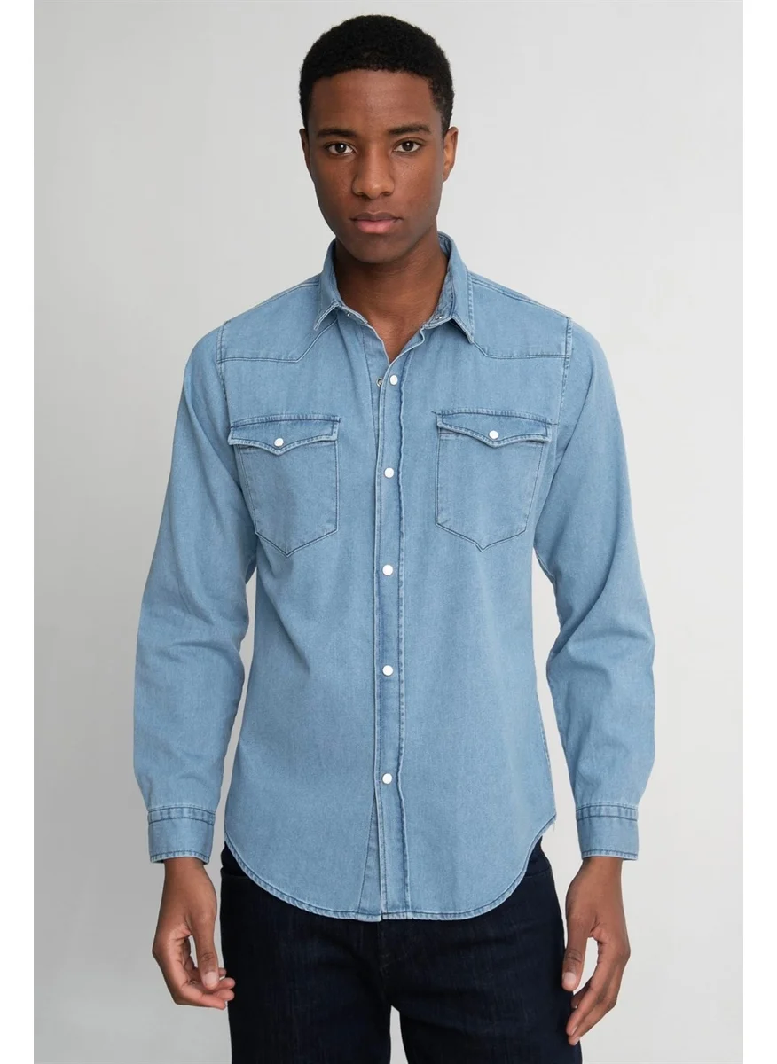 Tudors Slim Fit Double Pocket Flap Piece Stitched Denim Men's Blue Shirt