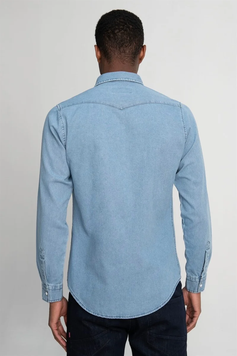 تودورس Slim Fit Double Pocket Flap Piece Stitched Denim Men's Blue Shirt