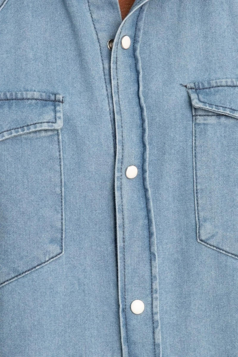 تودورس Slim Fit Double Pocket Flap Piece Stitched Denim Men's Blue Shirt