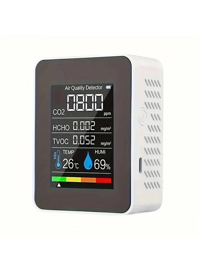 White 5 In 1 Air Quality Monitor CO2 Temperature Humidity Detector With TVOC HCHO Alerts - Image 1