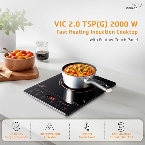 V-Guard VIC 2.0 TSP 2000 Watt Induction Cooktop | Feather Touch Control | Up to 5 kV Surge Protection | 3-Year Coil Coverage by V-Guard | Auto-Cut Off | A-Grade Crystalline Glass Top - Image 2