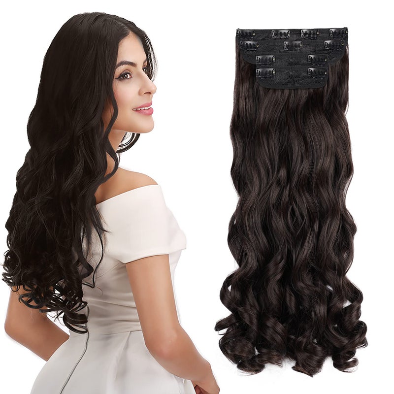REECHO 24 Curly Wavy 4 Pieces Set Thick Clip in on Hair Extensions Black Brown