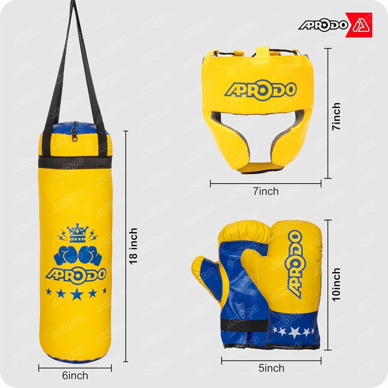 Aprodo Pack of 4 Kids Boxing Kit Set | Punching Bag for Karate | Bounce-Back Martial Arts Bag for Boys & Girls for Age 3 4 5 6 7 8 Years to Relieve Energy and Build Skills (Yellow-Blue) - Image 3