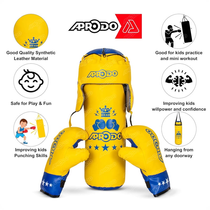 Aprodo Pack of 4 Kids Boxing Kit Set | Punching Bag for Karate | Bounce-Back Martial Arts Bag for Boys & Girls for Age 3 4 5 6 7 8 Years to Relieve Energy and Build Skills (Yellow-Blue) - Image 4
