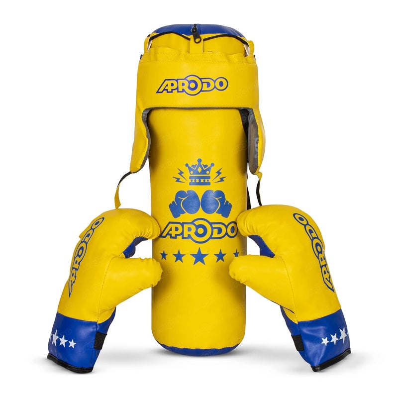 Aprodo Pack of 4 Kids Boxing Kit Set | Punching Bag for Karate | Bounce-Back Martial Arts Bag for Boys & Girls for Age 3 4 5 6 7 8 Years to Relieve Energy and Build Skills (Yellow-Blue) - Image 1