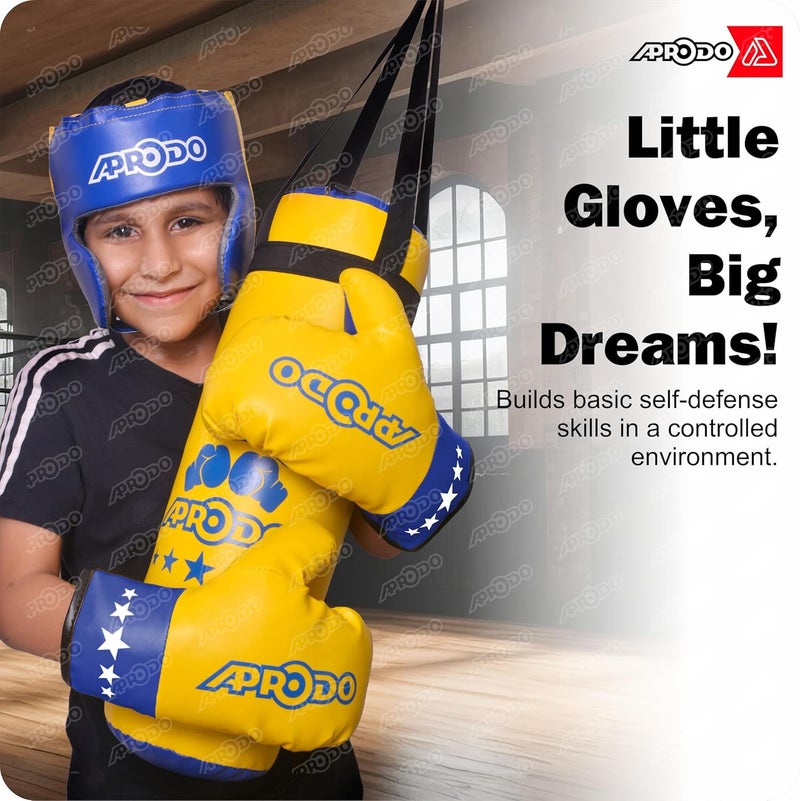 Aprodo Pack of 4 Kids Boxing Kit Set | Punching Bag for Karate | Bounce-Back Martial Arts Bag for Boys & Girls for Age 3 4 5 6 7 8 Years to Relieve Energy and Build Skills (Yellow-Blue) - Image 2