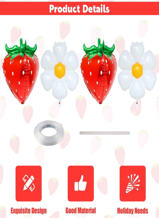 Ysqool 4Pcs 4D Strawberry Balloons Flower Daisy Foil Balloons, Strawberry Birthday Decorations, Berry First Birthday Balloon for Baby Shower Wedding Party Decor Fruit Party Supplies - Image 3