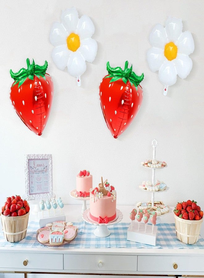 Ysqool 4Pcs 4D Strawberry Balloons Flower Daisy Foil Balloons, Strawberry Birthday Decorations, Berry First Birthday Balloon for Baby Shower Wedding Party Decor Fruit Party Supplies - Image 5