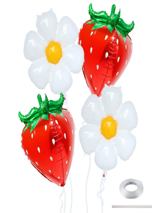 Ysqool 4Pcs 4D Strawberry Balloons Flower Daisy Foil Balloons, Strawberry Birthday Decorations, Berry First Birthday Balloon for Baby Shower Wedding Party Decor Fruit Party Supplies - Image 1
