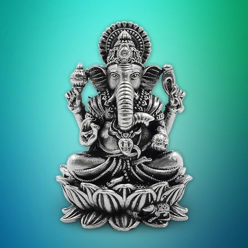 MAA SILVER Pure Silver Lord Ganesh/Ganpatiji Semi-Solid Idol/Murti on Lotus/Kamal with Antique Oxidized Finish Perfect for Pooja/Puja & Gifting Use (925 Purity)(100 Grams) - Image 5
