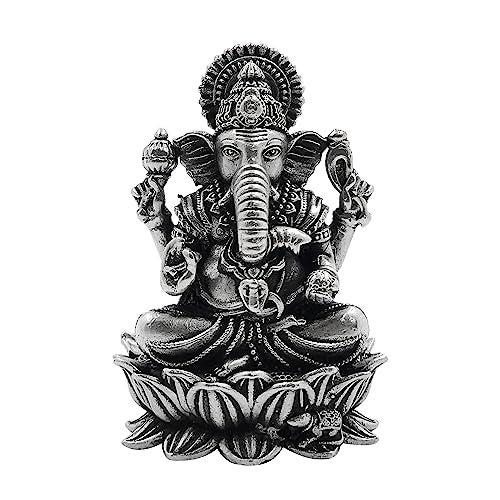 MAA SILVER Pure Silver Lord Ganesh/Ganpatiji Semi-Solid Idol/Murti on Lotus/Kamal with Antique Oxidized Finish Perfect for Pooja/Puja & Gifting Use (925 Purity)(100 Grams) - Image 1