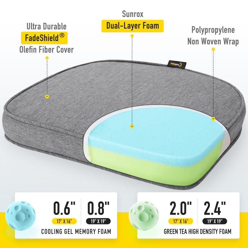 SUNROX Gel Memory Foam Chair Cushions, FadeShield Water-, Stain-Resistant Durable Reversible Seat Cushion Pads with Ties for Indoor/Outdoor Kitchen Dining Office, 19"x19", Set of 4, Heather Charcoal - Image 2