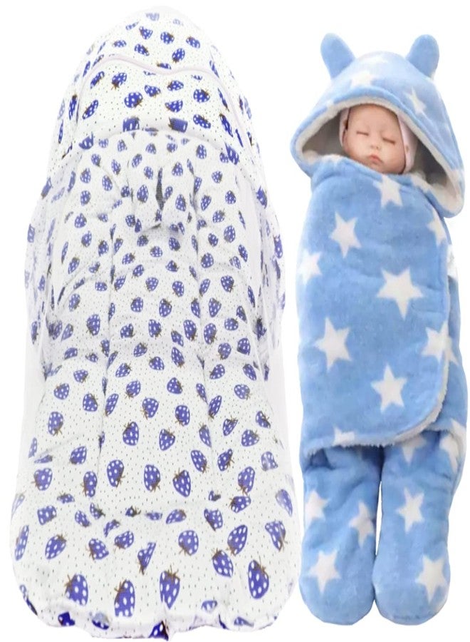 First Kick Baby Bedding Set New Born Combo Pack of Super Soft Wrapper Blanket and Baby Bedding Set with Mosquito Net for Baby (78cm x 45cm, 0-6 Months) Set of 2 Blue Cherry, Stars Blue - Image 1