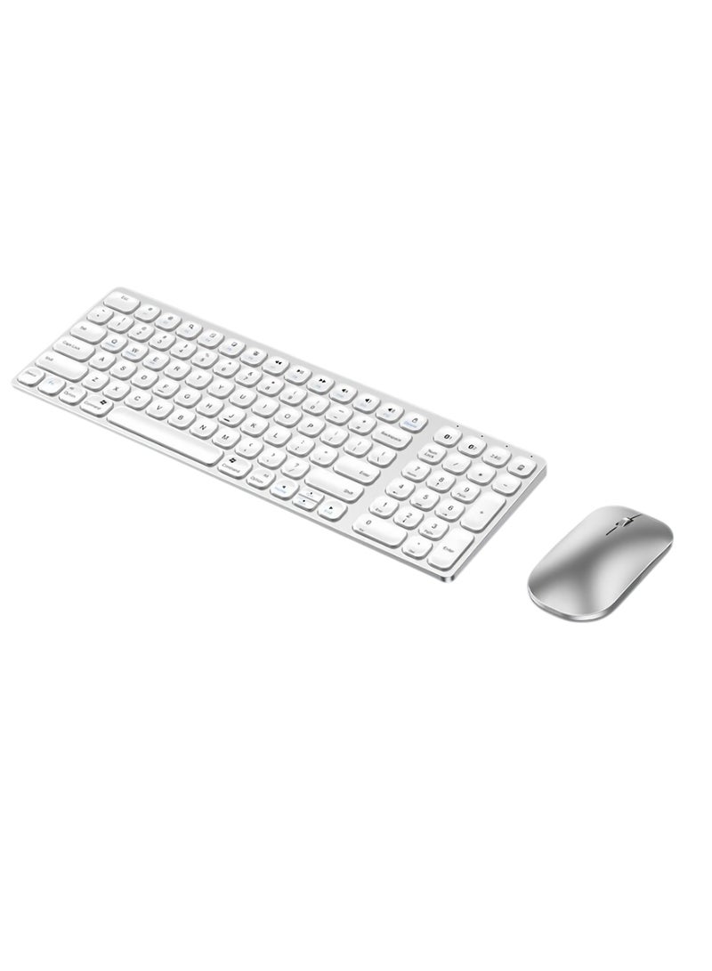 Wireless Keyboard, 2.4G Bluetooth Ergonomic Design Ultra Thin Silent Keyboard, Lightweight And Portable Dual Mode Computer Keyboard For Office Home, (Silver, With Mouse) - Image 1