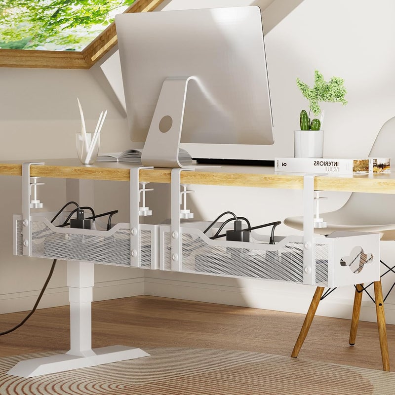 Litwaro 2 Pack Under Desk Cable Management Tray, No Drilling Cable Organizer with Clamp for Standing Desk, Easy Install Cord Management System, No Wire Organizer - Image 1