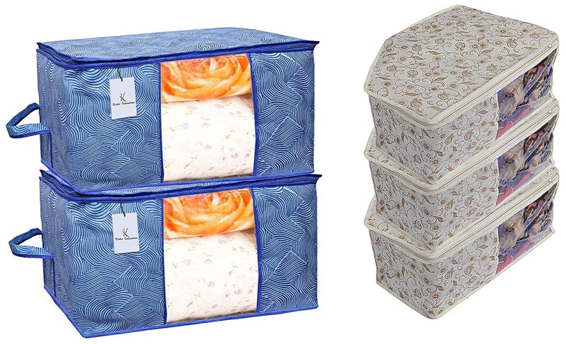 Kuber Industries Leheriya Design Rectangular Underbed Storage Bag Royal Blue Extra Large Size Set of 2 Metallic Print 3 Piece Non Woven Blouse Cover Brown Standard CTKTC05465 - Image 1