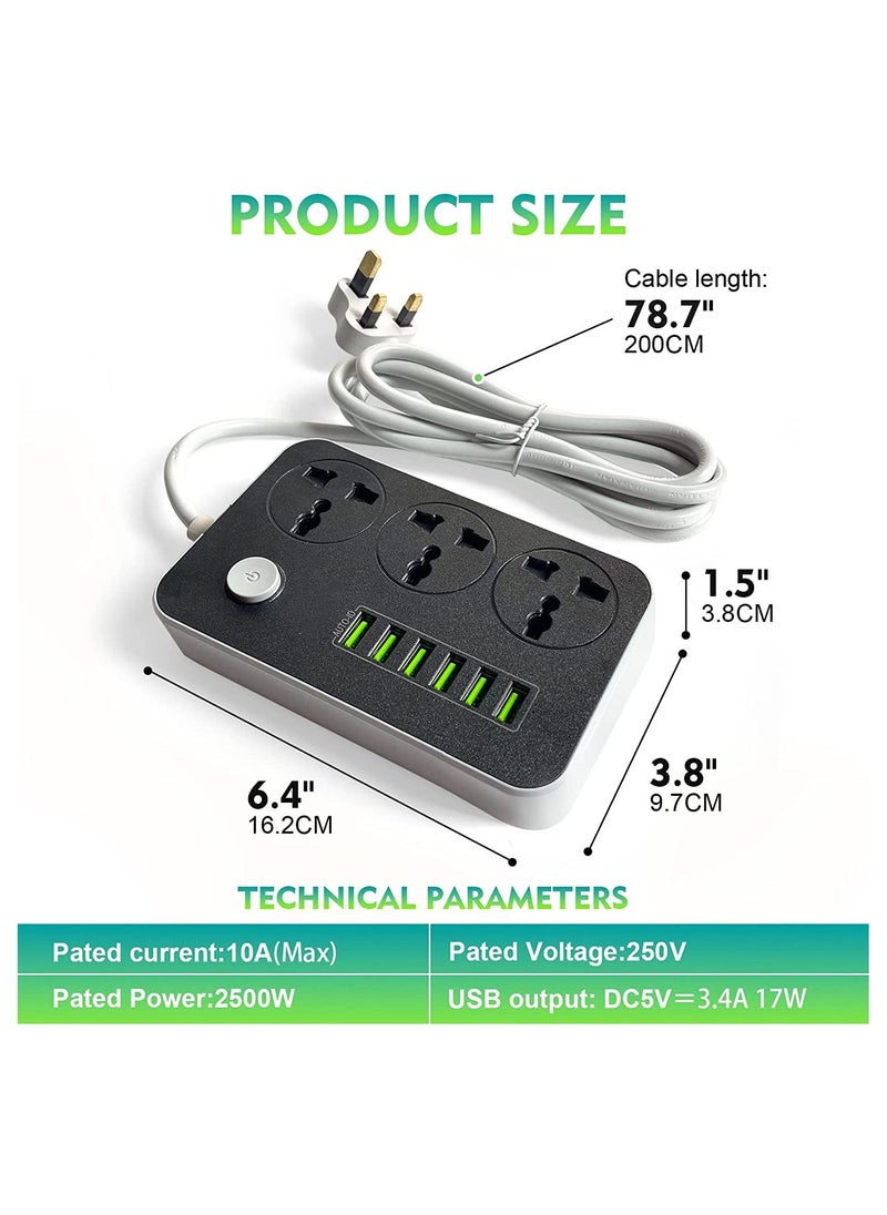 Generic Power Strips Extension Cord 3 Outlets, Power Socket with 6 USB Ports Universal Charging Socket with 2M Bold Extension Cord  - Image 4