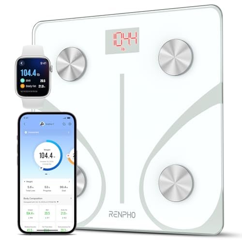 RENPHO ميزان رينفو الذكي لقياس وزن الجسم، ميزان الحمام الرقمي لمؤشر كتلة الجسم مع بلوتوث لقياس نسبة الدهون في الجسم، جهاز مراقبة تكوين الجسم ومحلل الصحة مع تطبيق الهاتف الذكي (أبيض، 11"/280مم) - Image 1