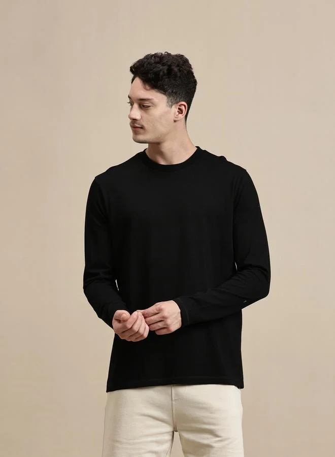 ECOLORE Men Black Solid Long Sleeves 100% Cotton Comfort Fit T-Shirt