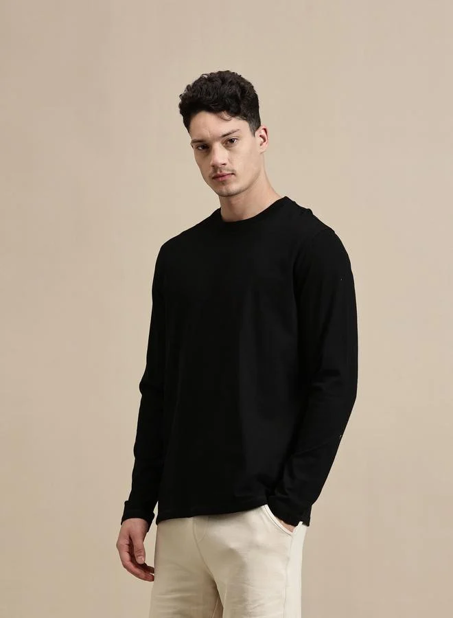 ECOLORE Men Black Solid Long Sleeves 100% Cotton Comfort Fit T-Shirt