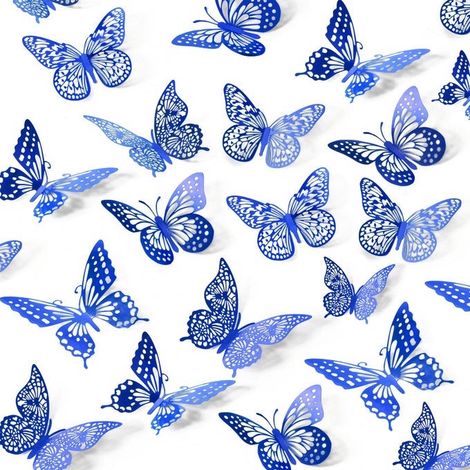 BUTTERFLY WALL STICKERS 48 PCS 4 STYLES 3 SIZES METALLIC PAPER REMOVABLE NAVY BLUE ART DECO DECOR FOR WALL