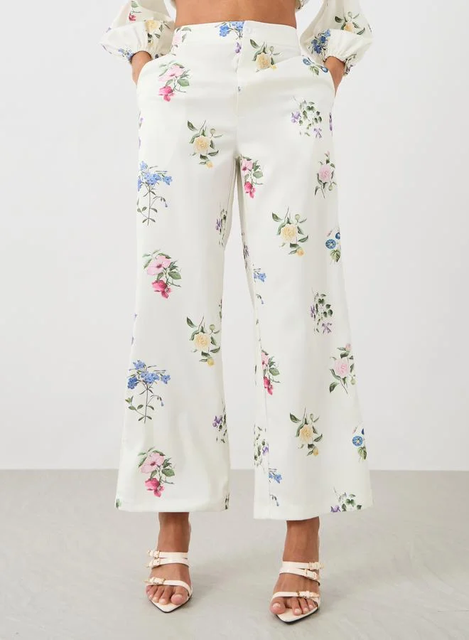 ستايلي Styli Floral Print Flat Front Wide Leg Pants