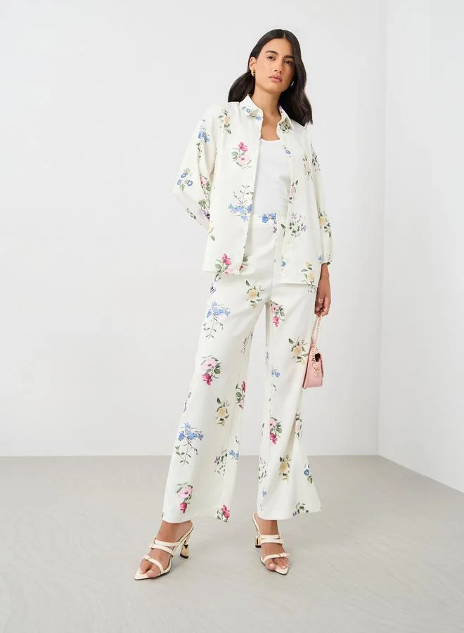 ستايلي Styli Floral Print Flat Front Wide Leg Pants