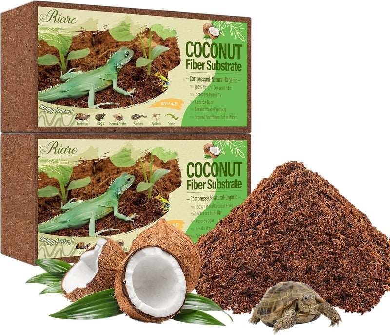 Riare Natural Coconut Fiber Substrate for Reptile- Premium Compressed Coconut Husk Terrarium Bedding for Reptile, Tortoise, Frogs, Snakes Hermit Crabs, Burrowing Animals(2 Pack) - Image 1