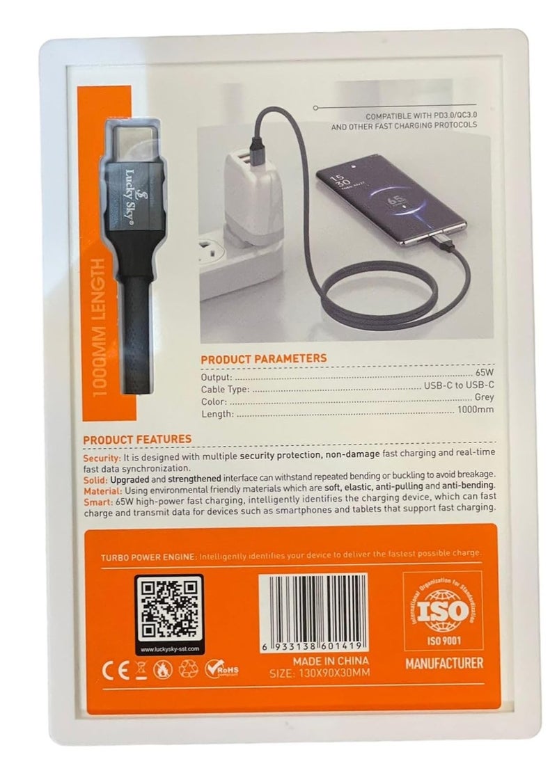 Lucky Sky Type C to Type C Cable 1M, Braided 65W Power Delivery PD Fast charge Cable USB C to USB C. - Image 5