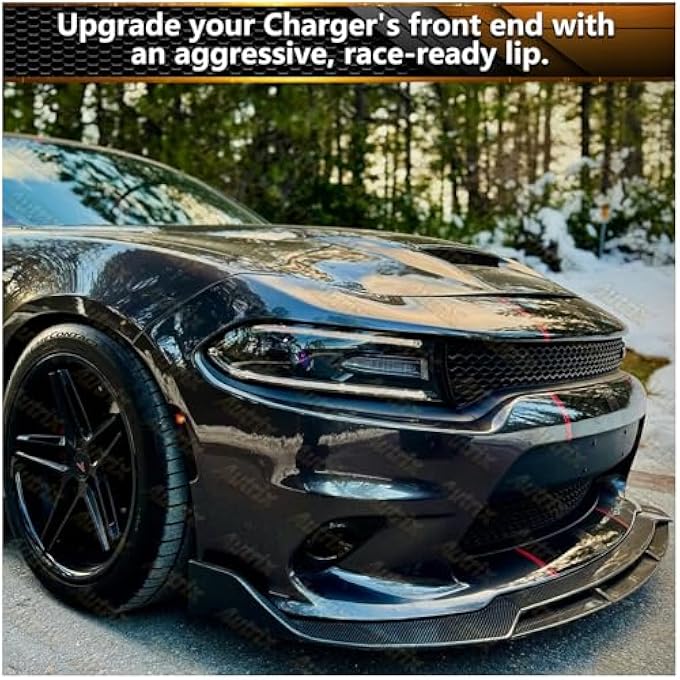 Autrix Front Bumper Lip Splitter for 2015-2024 Dodge Charger SRT RT GT Daytona Scat Pack Non-Widebody, Front Lip Spoiler Air Dam Chin Protector Rock Style Carbon Fiber Style - Image 2