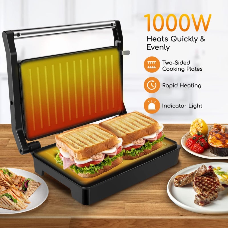 Aigostar Panini Press Sandwich Maker, 1000W Sandwich Press Grill with Non-Stick Coated Plates, Indicator Light, Locking Lid, Cool Touch Handle, Panini Maker Panini Press Grill Easy to Storage & Clean - Image 2