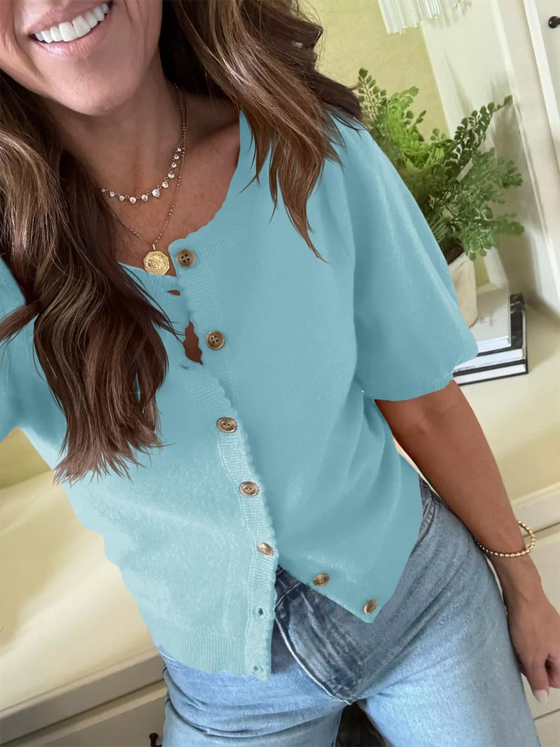 Saodimallsu Womens Puff Short Sleeve Cardigan Lightweight Summer Button Down Shirts Knit Crew Neck Sweater Tops - Image 3