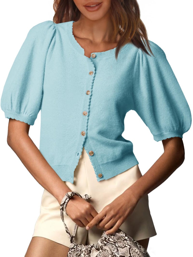 Saodimallsu Womens Puff Short Sleeve Cardigan Lightweight Summer Button Down Shirts Knit Crew Neck Sweater Tops - Image 1