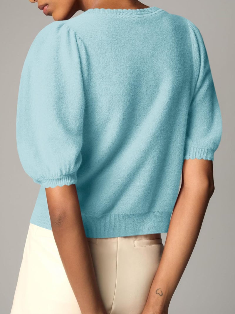 Saodimallsu Womens Puff Short Sleeve Cardigan Lightweight Summer Button Down Shirts Knit Crew Neck Sweater Tops - Image 5