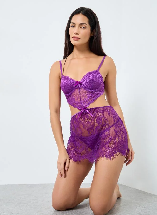 Take Two Take Two Women Solid All Lace Cami Dress with Thong Set