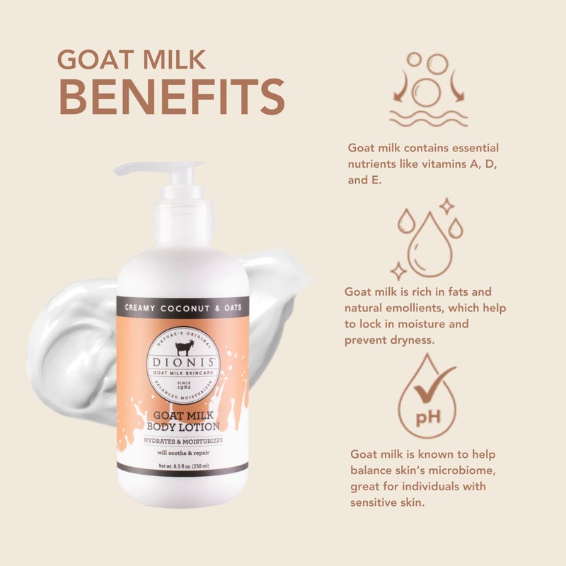 Dionis Goat Milk Hydrating Skincare Cream, Rich & Creamy Daily Moisturizing Coconut & Oats Scented Body Lotion For Dry Skin, Made in the USA, Cruelty-Free & Paraben-Free, 8.5 oz Bottle - Image 2