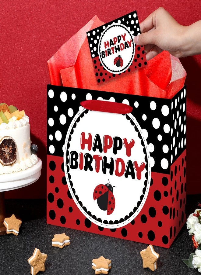 بيكونال حقيبة هدايا عيد ميلاد بتصميم الدعسوقة، حقائب هدايا كبيرة لحفلات أعياد الميلاد بتصميم الدعسوقة مع ورق مناديل وبطاقة تهنئة، ورق تغليف أحمر وأسود منقط، حقيبة حلوى وهدايا لحفلات أعياد الميلاد وحفلات استقبال المولود الجديد ولوازم عيد الميلاد - Image 4